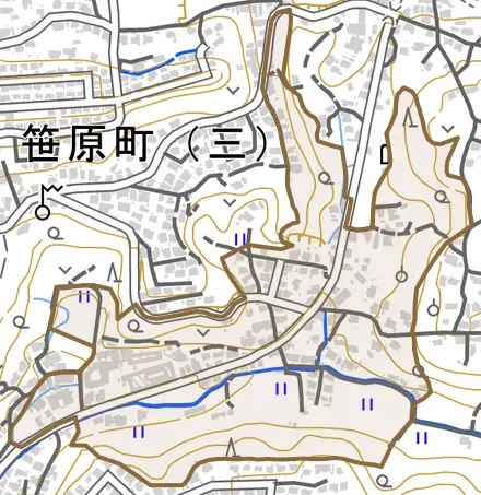 下池町とその周辺の地図。町の範囲を重ねている