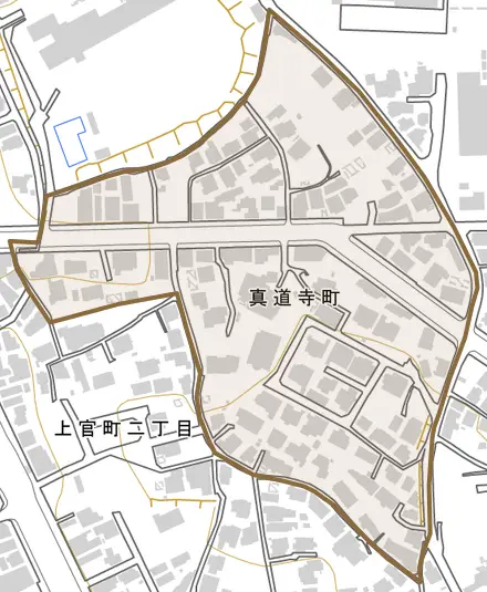 真道寺町とその周辺の地図。町の範囲を重ねている