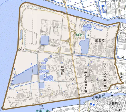 新開町とその周辺の地図。町の範囲を重ねている