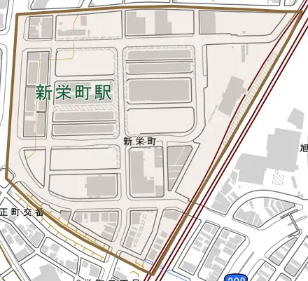 新栄町とその周辺の地図。町の範囲を重ねている