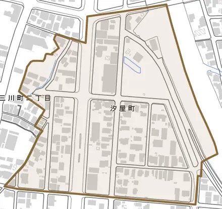 汐屋町とその周辺の地図。町の範囲を重ねている