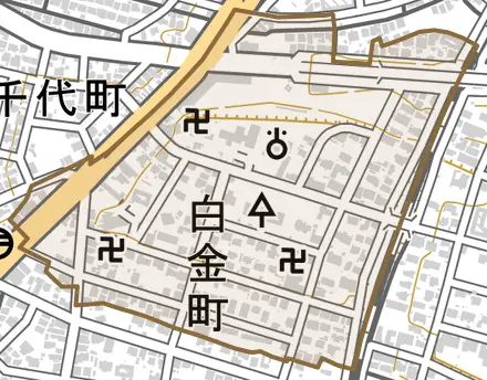 白金町とその周辺の地図。町の範囲を重ねている