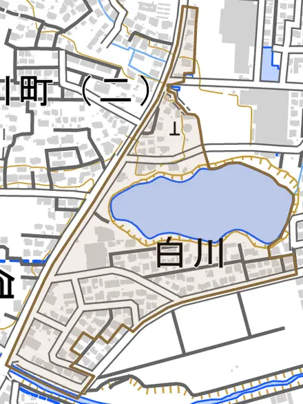 大字白川とその周辺の地図。町の範囲を重ねている
