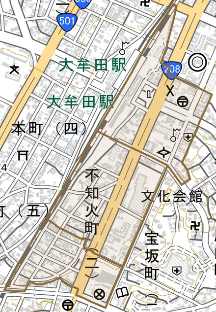 不知火町とその周辺の地図。町の範囲を重ねている