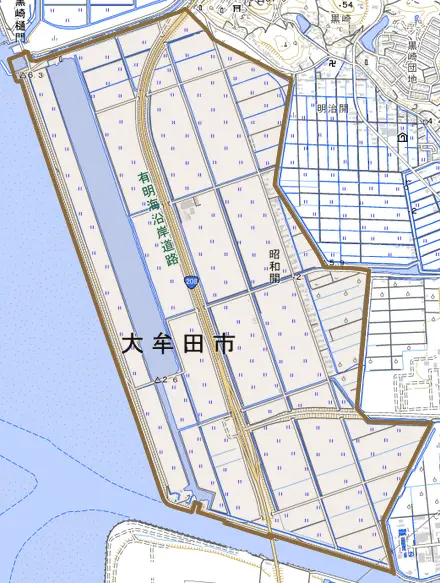 昭和開とその周辺の地図。町の範囲を重ねている
