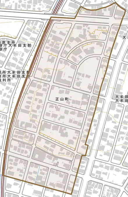 正山町とその周辺の地図。町の範囲を重ねている