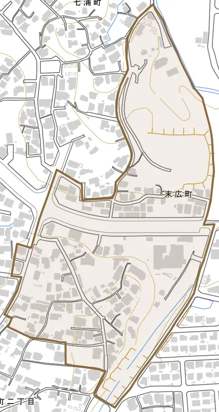 末広町とその周辺の地図。町の範囲を重ねている