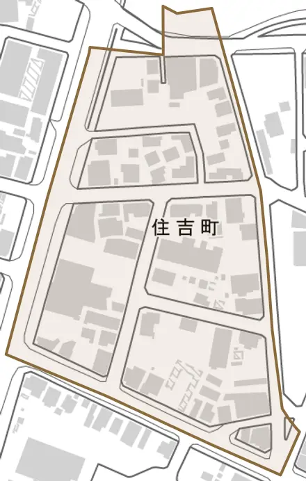 住吉町とその周辺の地図。町の範囲を重ねている