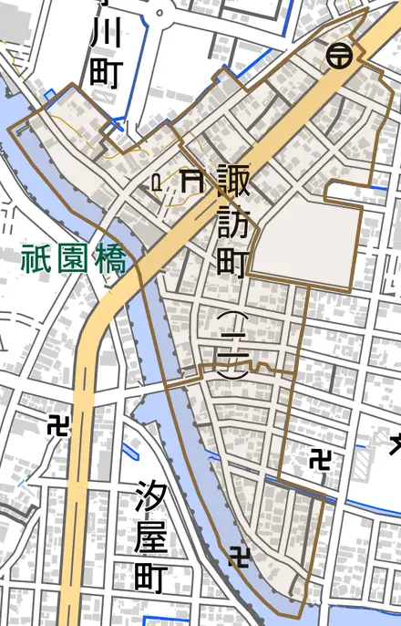 諏訪町とその周辺の地図。町の範囲を重ねている