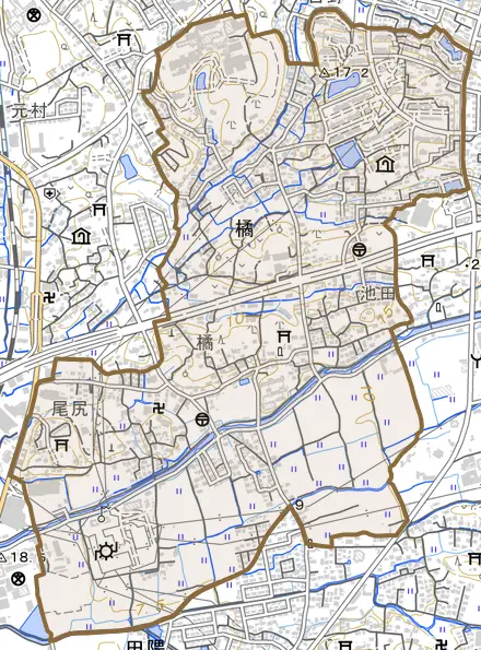 大字橘とその周辺の地図。町の範囲を重ねている