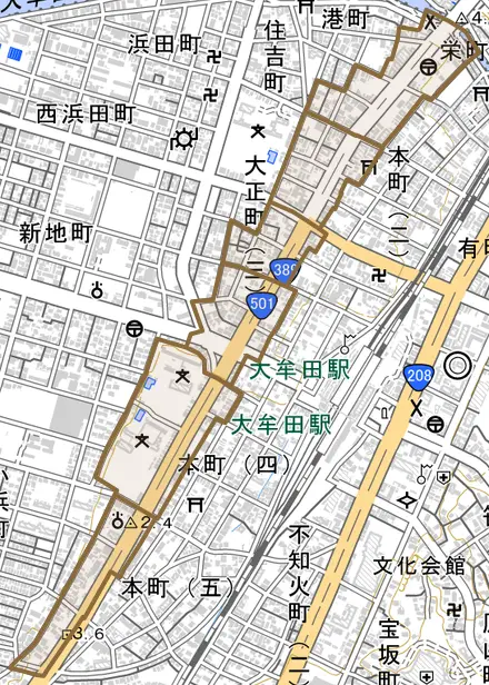 大正町とその周辺の地図。町の範囲を重ねている