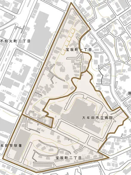 宝坂町とその周辺の地図。町の範囲を重ねている
