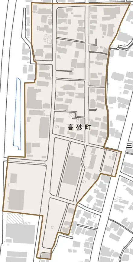 高砂町とその周辺の地図。町の範囲を重ねている