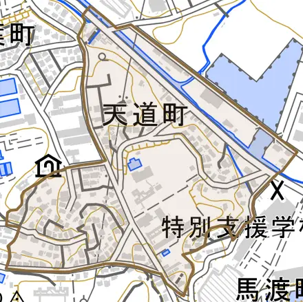 天道町とその周辺の地図。町の範囲を重ねている