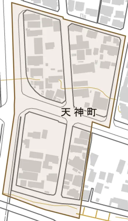 天神町とその周辺の地図。町の範囲を重ねている