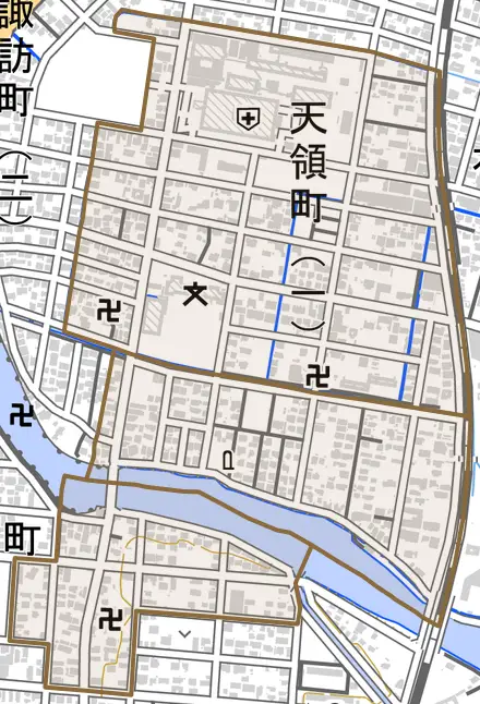 天領町とその周辺の地図。町の範囲を重ねている