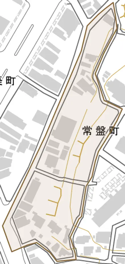 常盤町とその周辺の地図。町の範囲を重ねている