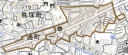 通町とその周辺の地図。町の範囲を重ねている