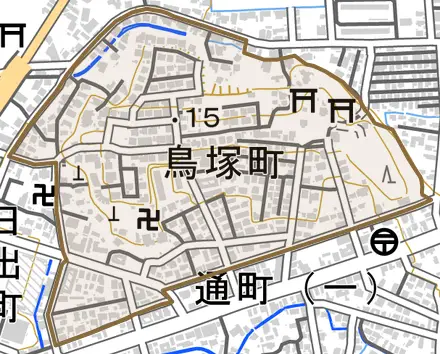 鳥塚町とその周辺の地図。町の範囲を重ねている