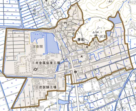 大字唐船とその周辺の地図。町の範囲を重ねている