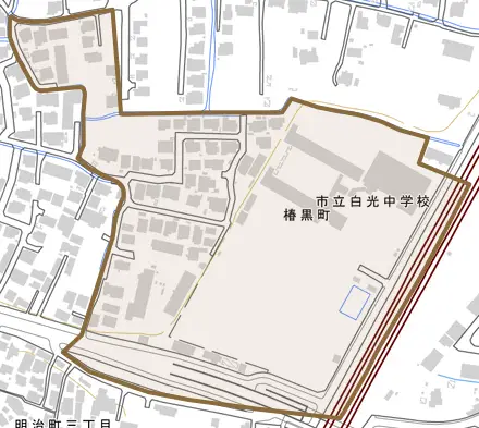 椿黒町とその周辺の地図。町の範囲を重ねている