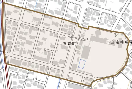 右京町とその周辺の地図。町の範囲を重ねている