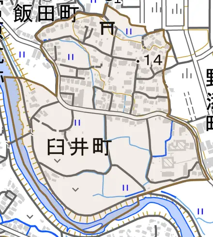 臼井町とその周辺の地図。町の範囲を重ねている