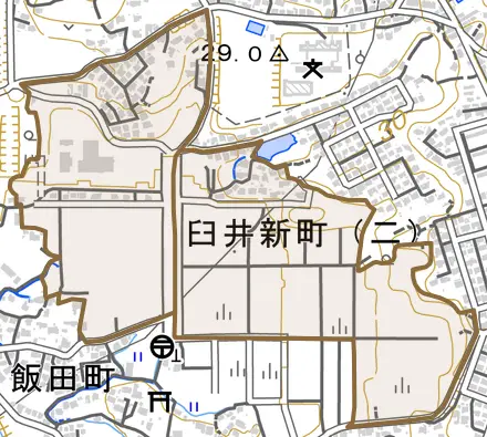 臼井新町とその周辺の地図。町の範囲を重ねている