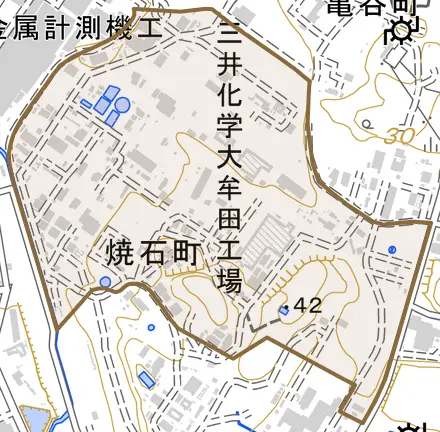 焼石町とその周辺の地図。町の範囲を重ねている