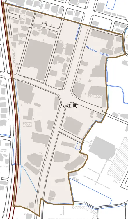 八江町とその周辺の地図。町の範囲を重ねている