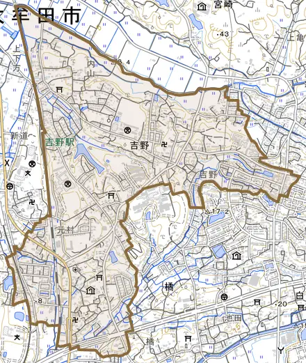 大字吉野とその周辺の地図。町の範囲を重ねている