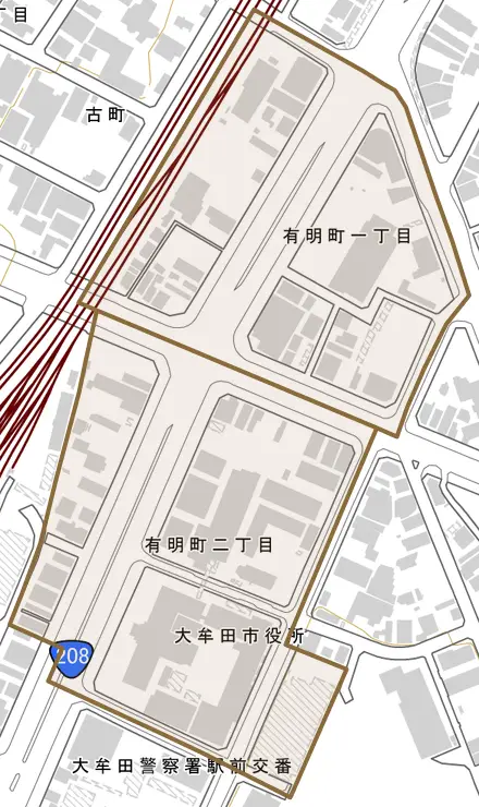 有明町とその周辺の地図。町の範囲を重ねている
