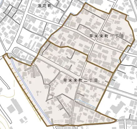 早米来町とその周辺の地図。町の範囲を重ねている