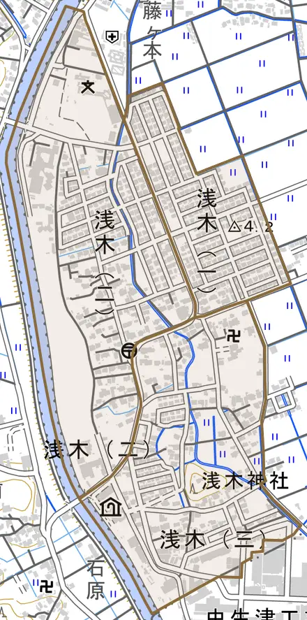 浅木とその周辺の地図。町の範囲を重ねている