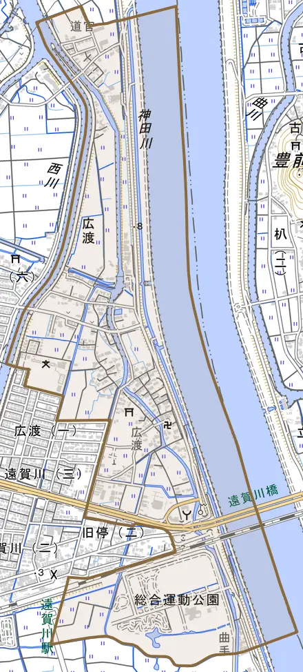 大字広渡とその周辺の地図。町の範囲を重ねている
