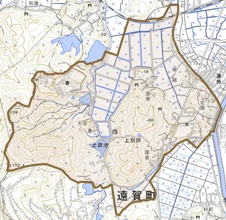 大字上別府とその周辺の地図。町の範囲を重ねている