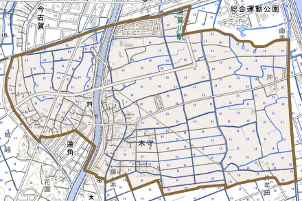 大字木守とその周辺の地図。町の範囲を重ねている