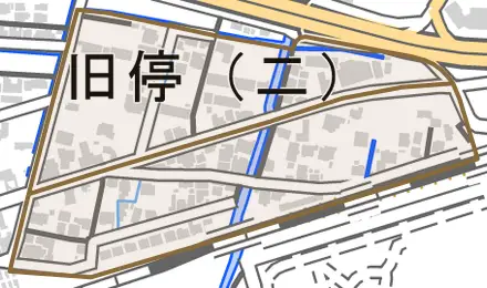 旧停とその周辺の地図。町の範囲を重ねている