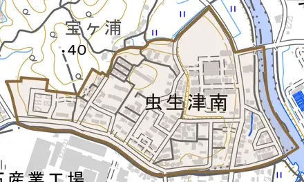 虫生津南とその周辺の地図。町の範囲を重ねている