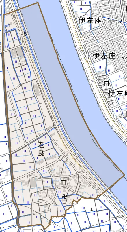 大字老良とその周辺の地図。町の範囲を重ねている