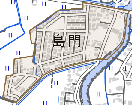 島門とその周辺の地図。町の範囲を重ねている