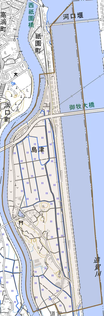 大字島津とその周辺の地図。町の範囲を重ねている