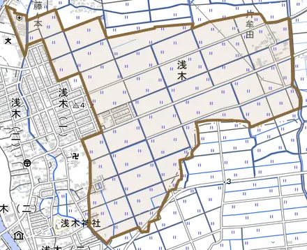 大字浅木とその周辺の地図。町の範囲を重ねている