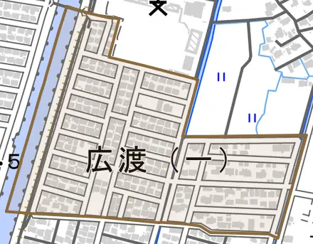 広渡とその周辺の地図。町の範囲を重ねている