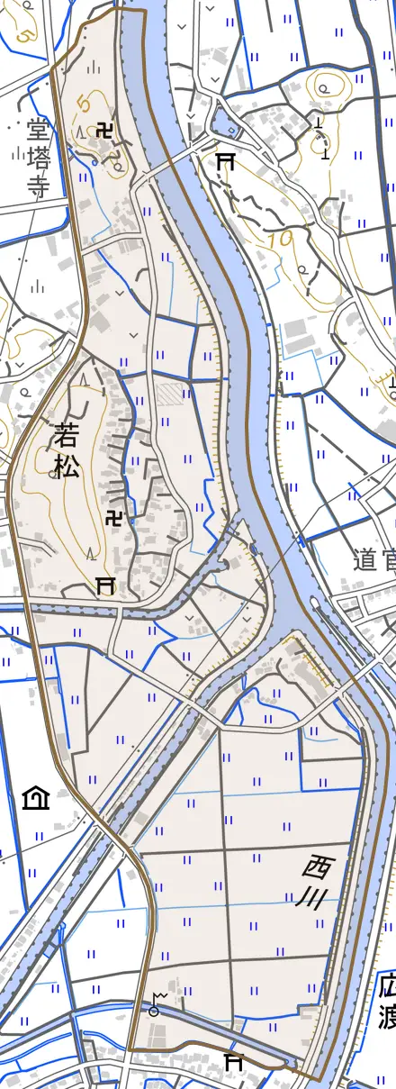 大字若松とその周辺の地図。町の範囲を重ねている