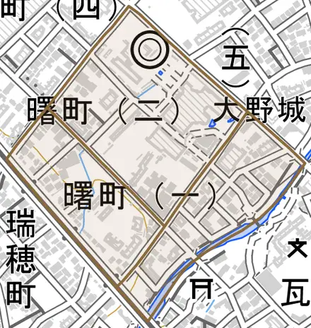 曙町とその周辺の地図。町の範囲を重ねている