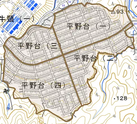 平野台とその周辺の地図。町の範囲を重ねている