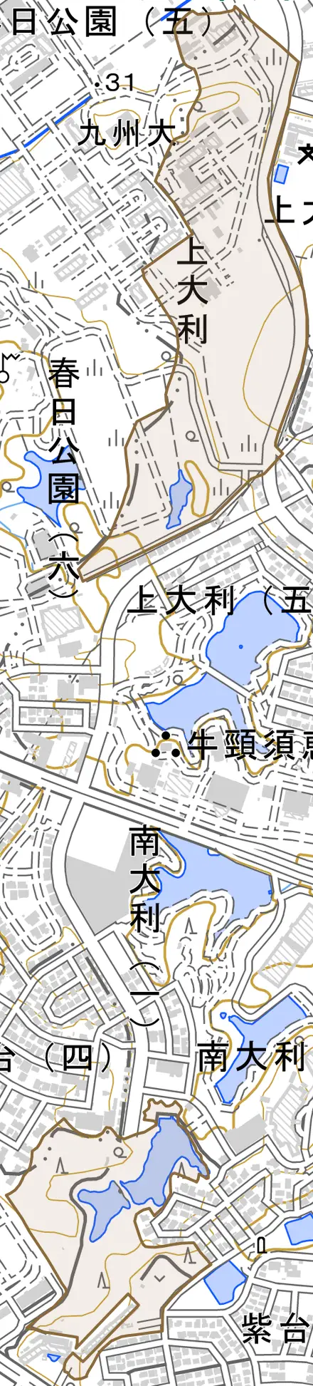 大字上大利とその周辺の地図。町の範囲を重ねている