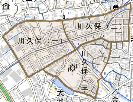 川久保とその周辺の地図。町の範囲を重ねている