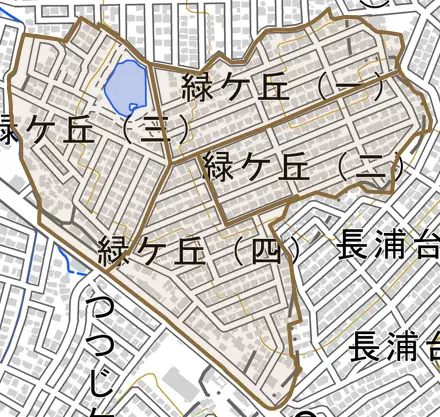 緑ケ丘とその周辺の地図。町の範囲を重ねている